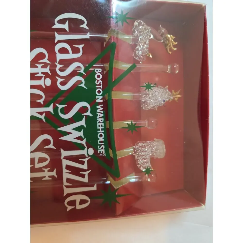 Boston Warehouse Glass Swizzle Stick Set Set Of 6 Christmas Tree Stocking...